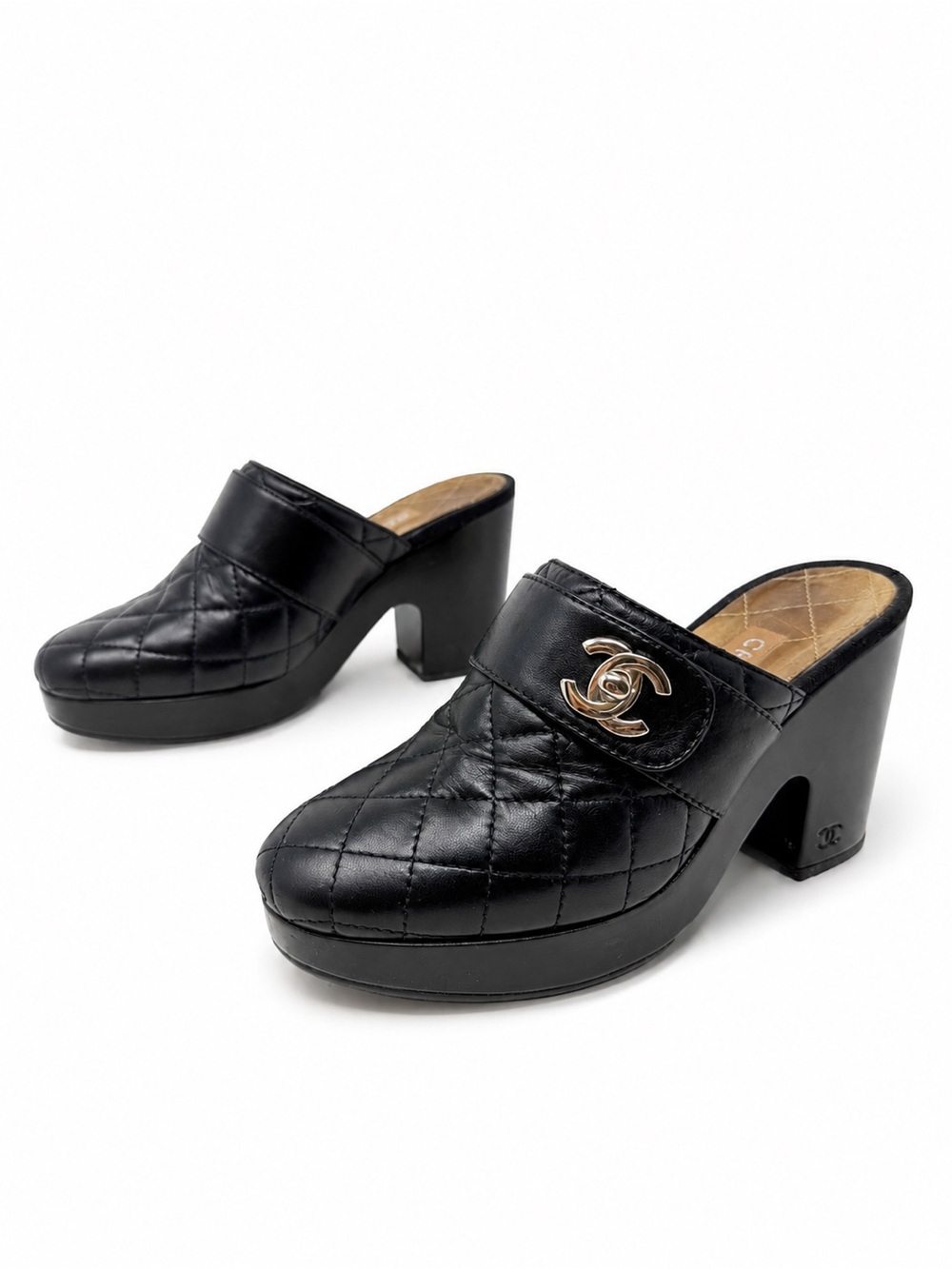Chanel Quilted Leather Platform Mule Clogs CC Logo Black Womens Size EU 38